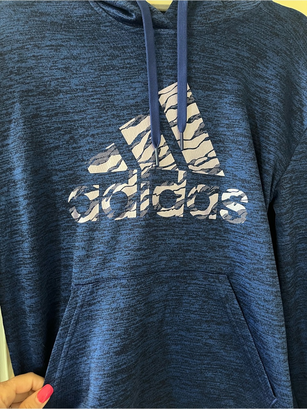adidas Unisex Blue Hooded Logo Sweatshirt Finger Holes Long Sleeve Size Medium - Picture 10 of 16